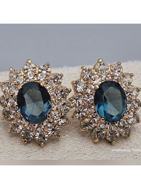 Sapphire & Diamond Stud Earrings 14K Yellow Gold Princess Diana Style 7.8g